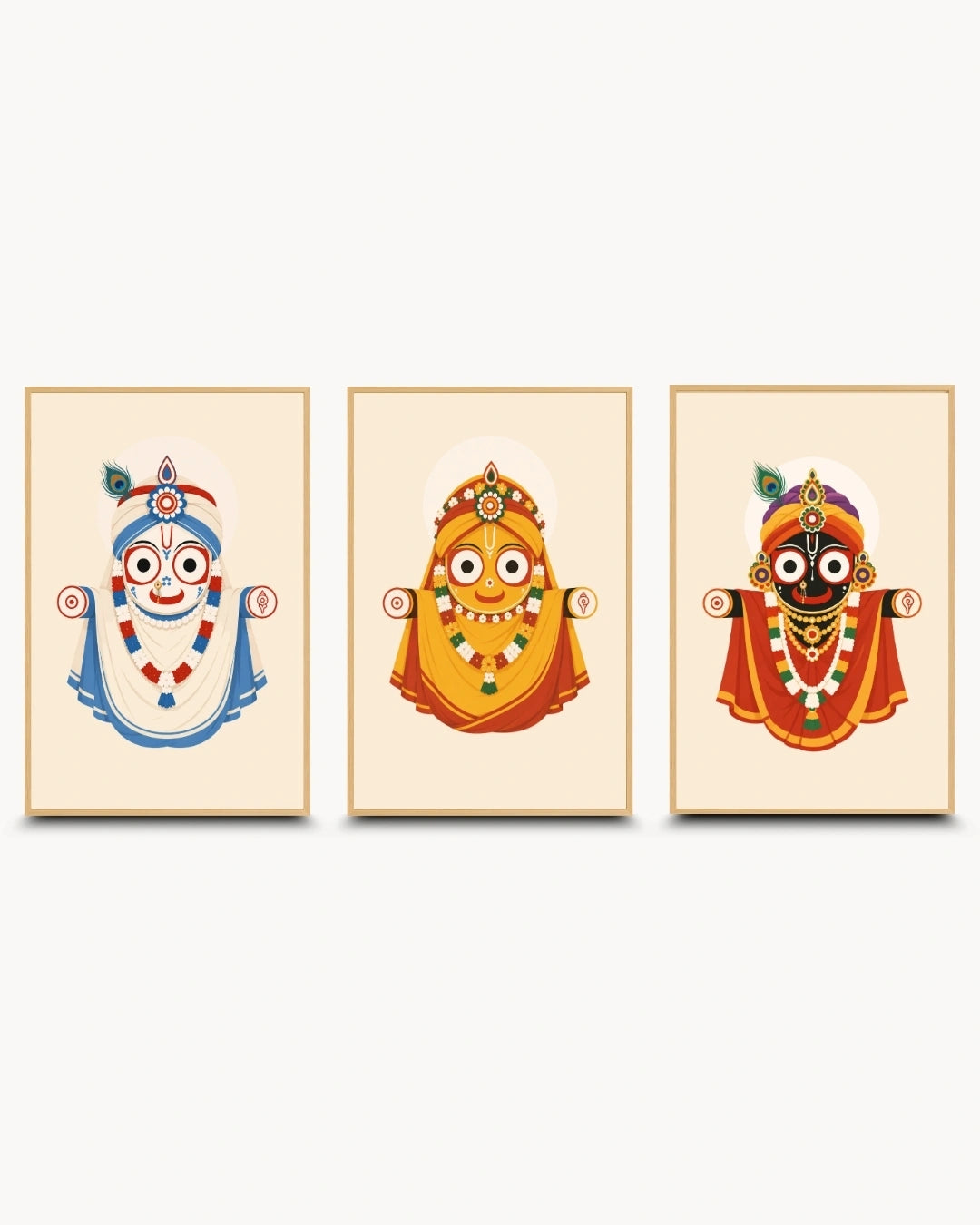 Lifestyle mockup of the Jagannath Triad 3 piece wall art set in maple wood frames displayed above a slatted light wood console in a serene Japandi seating area.