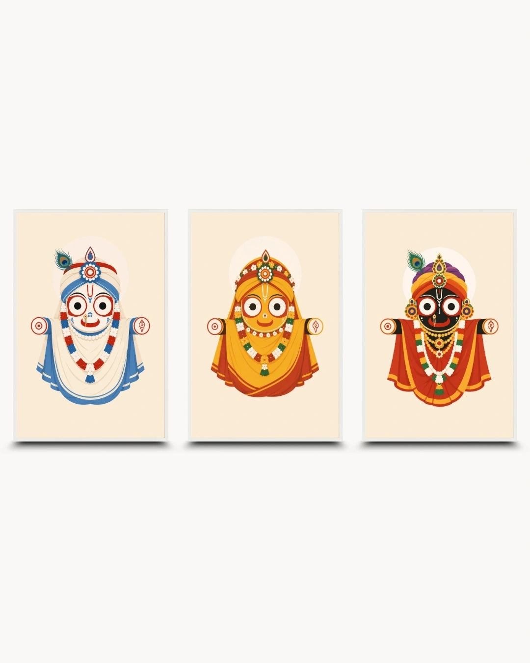 Lifestyle interior mockup of the Jagannath Triad 3 piece wall art set in clean white frames hung over a wooden cane cabinet adorned with brass temple decor.