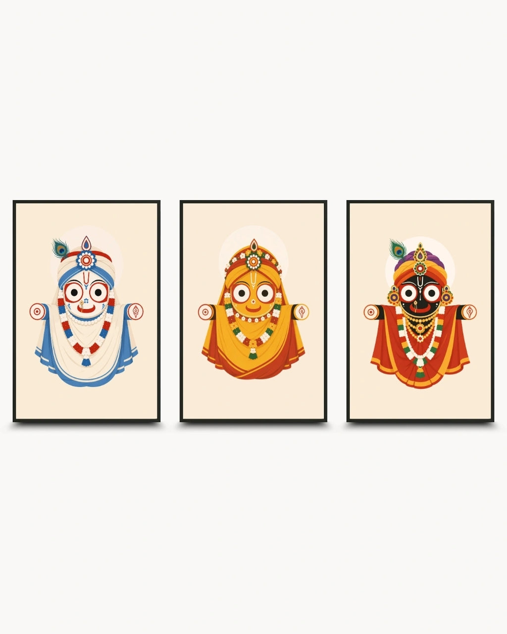 Lifestyle mockup of the Jagannath Triad 3 piece wall art set in sleek black frames styled above a woven rattan console in a sunlit coastal living room.