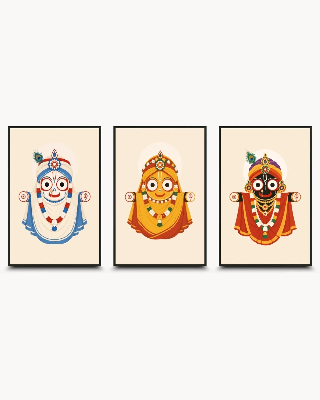 Lifestyle mockup of the Jagannath Triad 3 piece wall art set in sleek black frames styled above a woven rattan console in a sunlit coastal living room.