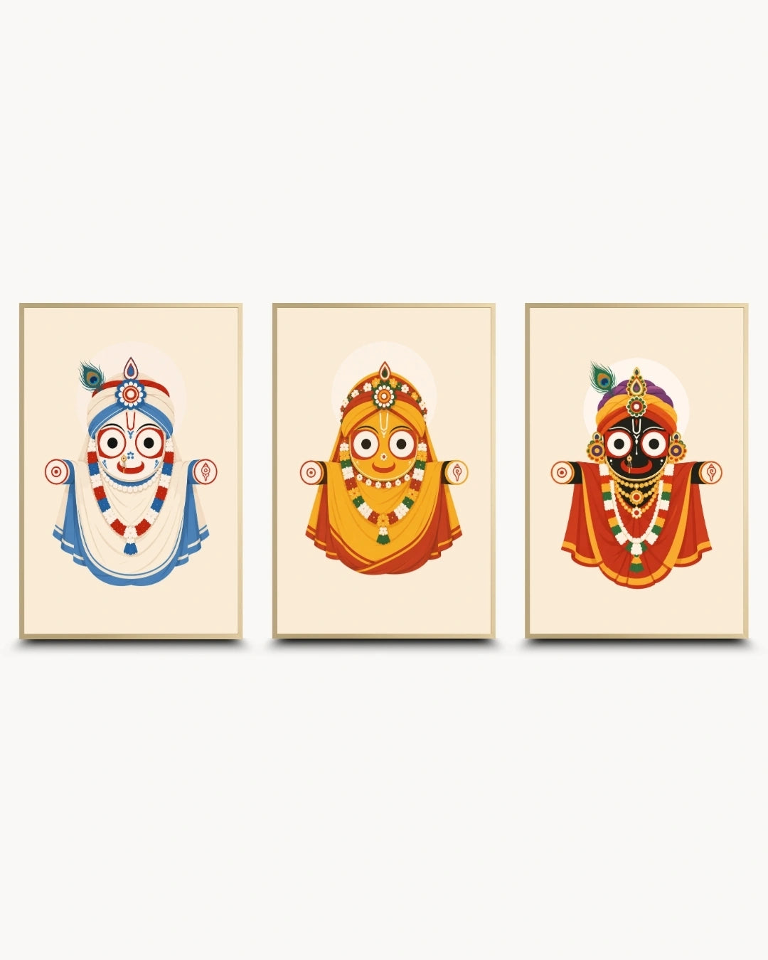 Visual size guide mockup for the Jagannath Triad 3 piece wall art set in Extra Large size with satin gold frames displayed above a modern ribbed beige armchair.