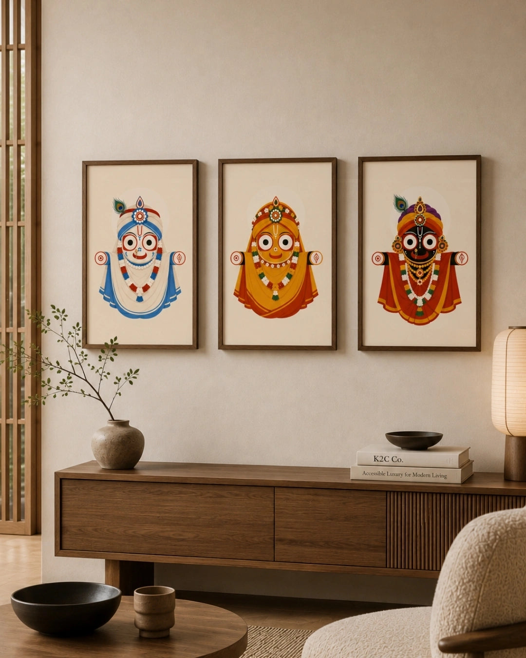 Lifestyle mockup of the minimalist Jagannath Triad 3 piece wall art set in dark wood frames beautifully aligned over a sleek media console in a warm living room.