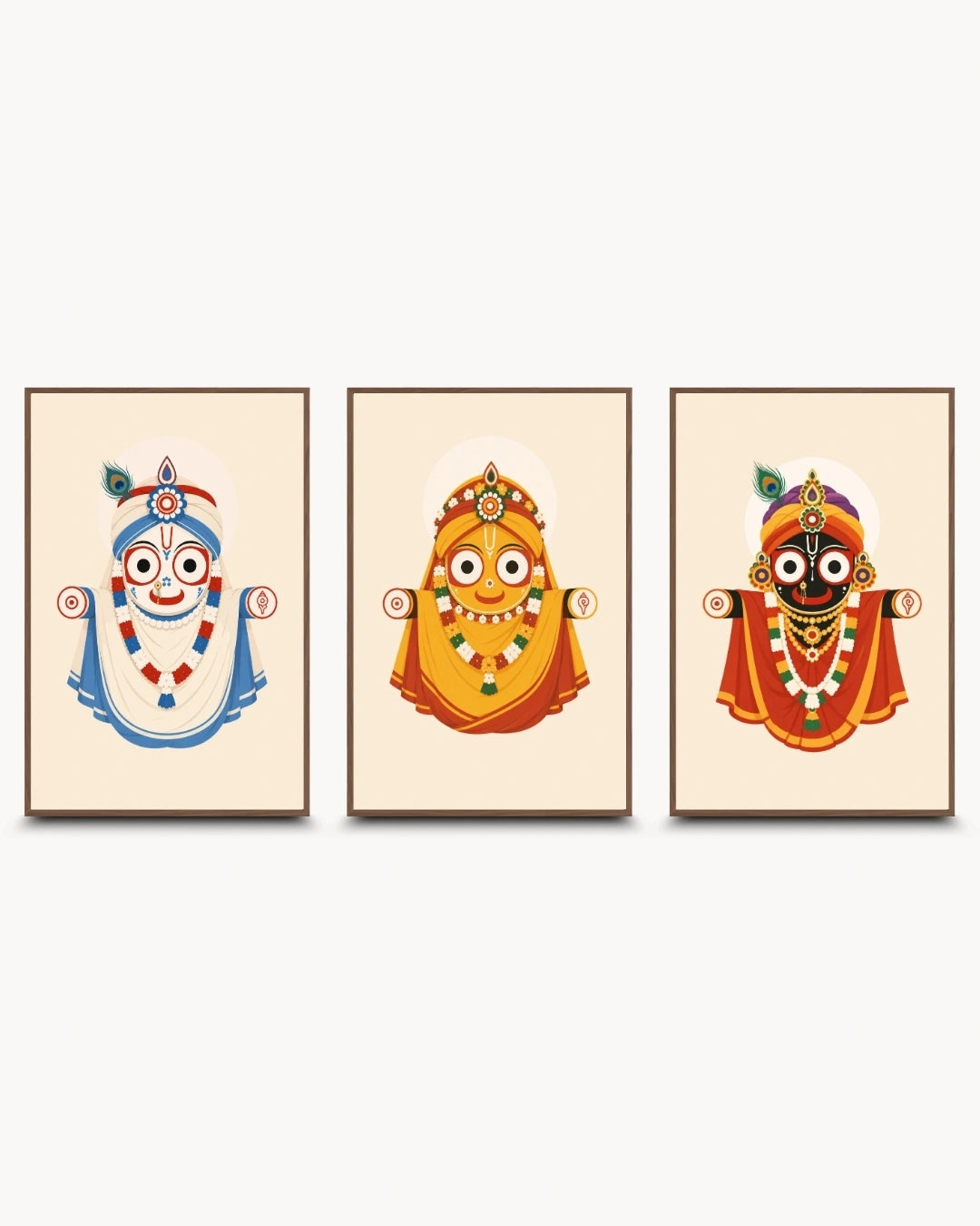 Lifestyle mockup of the Jagannath Triad 3 piece wall art set in rich walnut wood frames styled over a dark minimalist media unit with wabi sabi pottery.