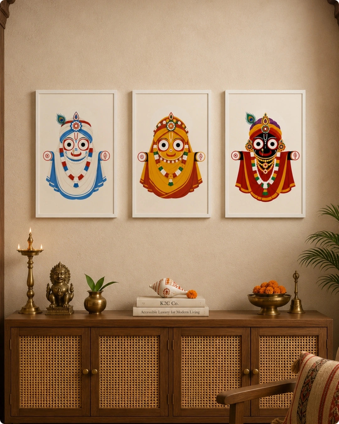 Lifestyle interior mockup of the Jagannath Triad 3 piece wall art set in clean white frames hung over a wooden cane cabinet adorned with brass temple decor.