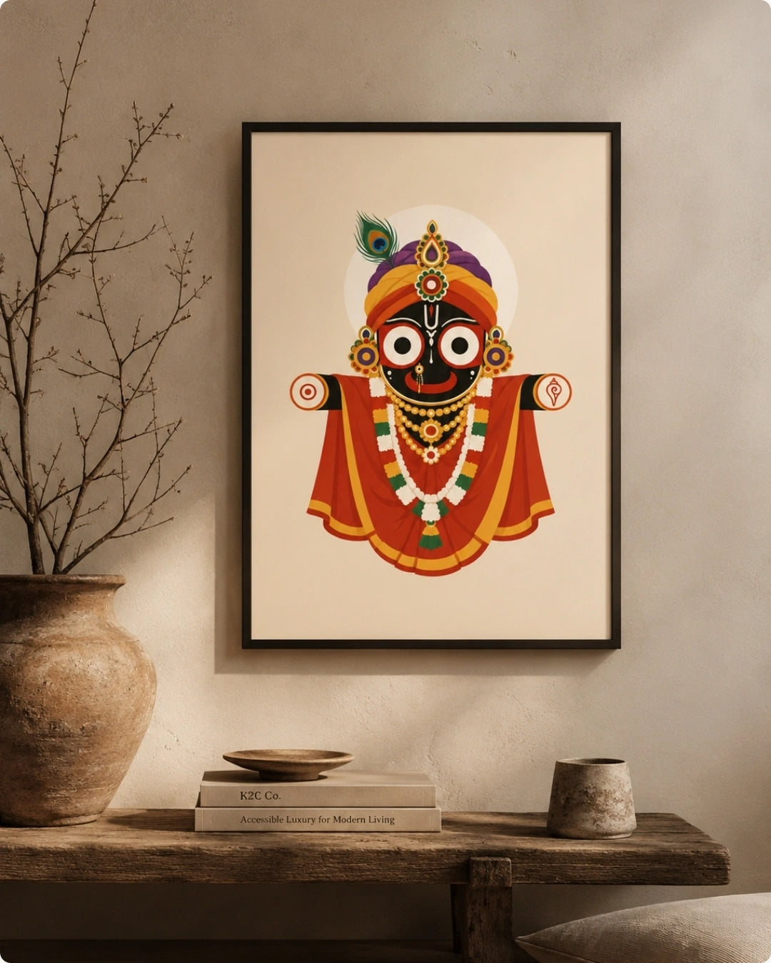 Lifestyle mockup of the Majestic Hindu deity Lord Jagannath wall art in a sleek black frame, styled beside a rustic wabi-sabi vase with dried branches on a dark console.