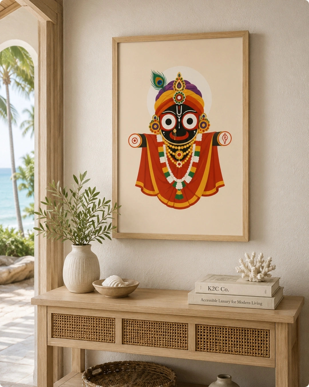 Lifestyle mockup of the Majestic Hindu deity Lord Jagannath wall art in a maple wood frame, styled above a woven rattan console table in a bright, Japandi-inspired entryway.