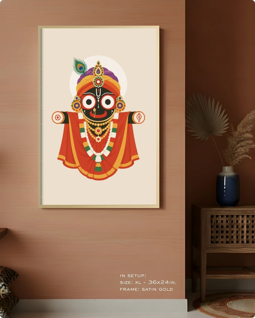 Visual size guide mockup for the Majestic Hindu deity Lord Jagannath wall art in Extra Large size with a satin gold frame, displayed against a warm terracotta accent wall.