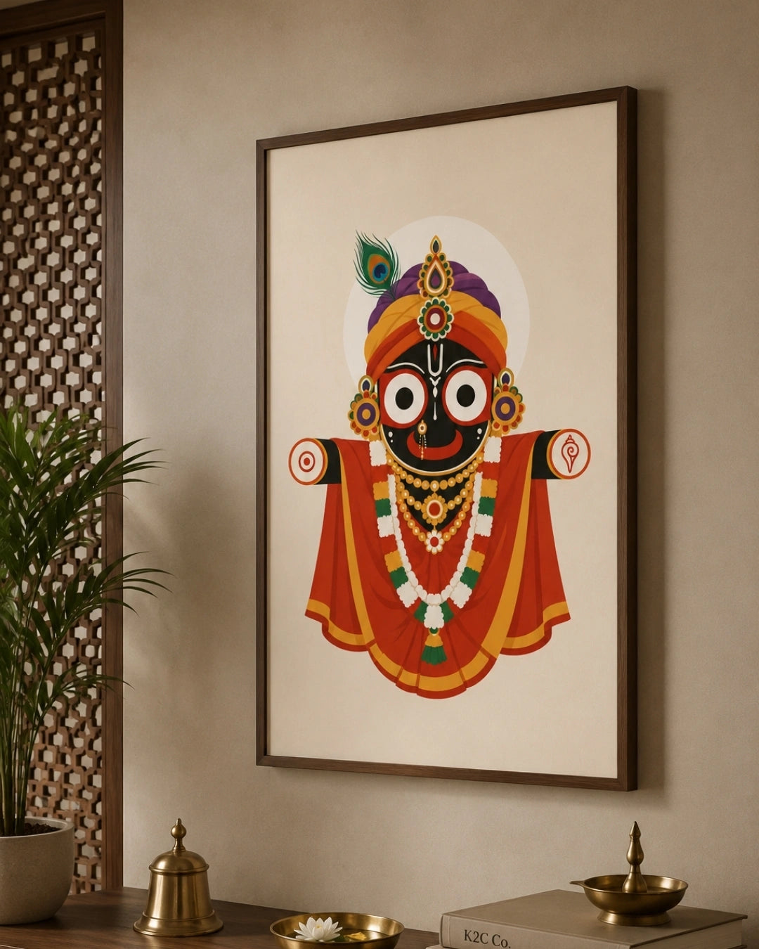 Lifestyle mockup of the Majestic Hindu deity Lord Jagannath wall art in a dark wood frame, beautifully integrated into a traditional prayer space featuring a brass oil lamp and carved wooden lattice.