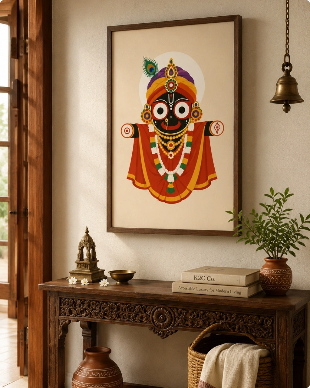 Lifestyle mockup of the Majestic Hindu deity Lord Jagannath wall art in a rich walnut wood frame, displayed over a beautifully carved dark wood console adorned with brass temple bells.