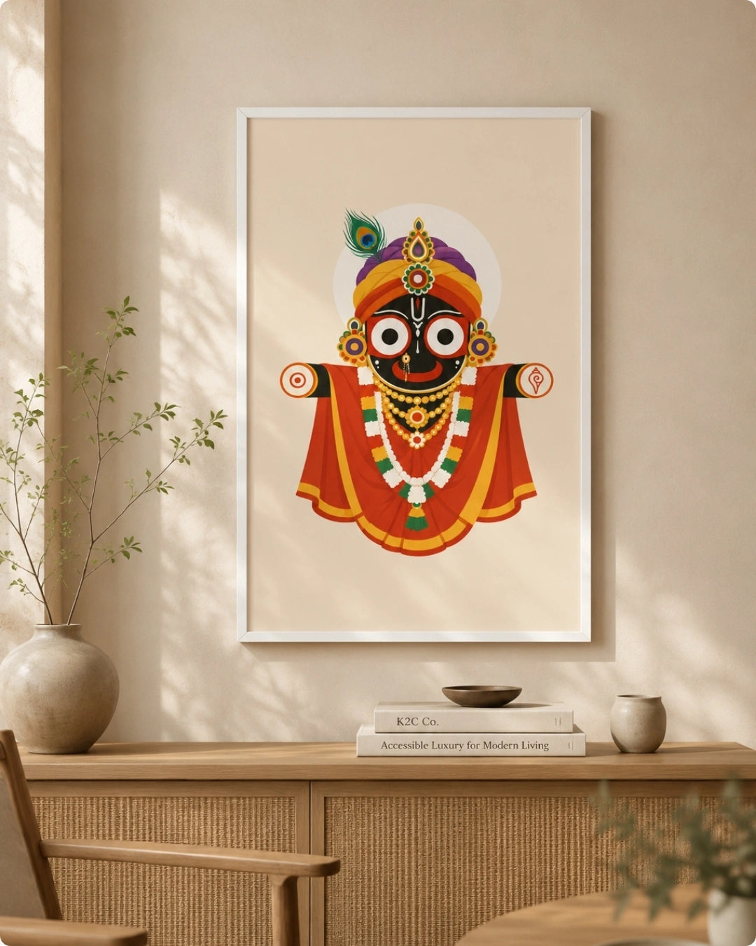 Lifestyle interior mockup of the Majestic Hindu deity Lord Jagannath wall art in a clean white frame, hung above a light wooden cabinet in a sunlit, minimalist living space.