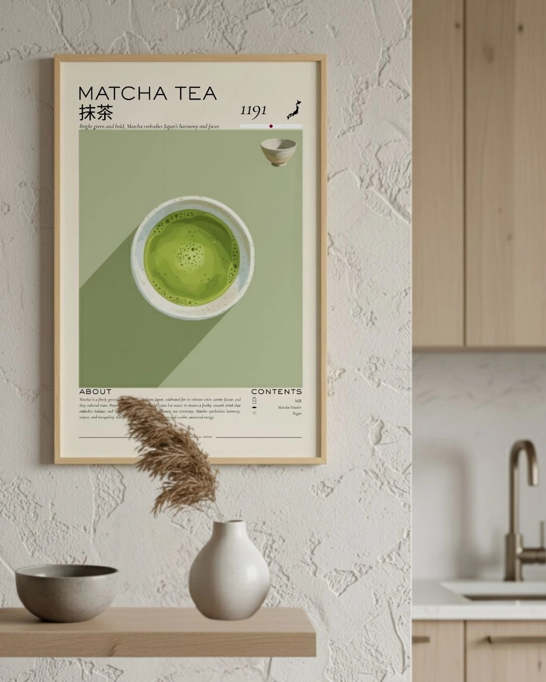 Minimalist Matcha Tea Rituals infographic by K2C Co. in a natural Maple Wood frame, styled on a neutral shelf next to a modern kitchen with a simple white vase.