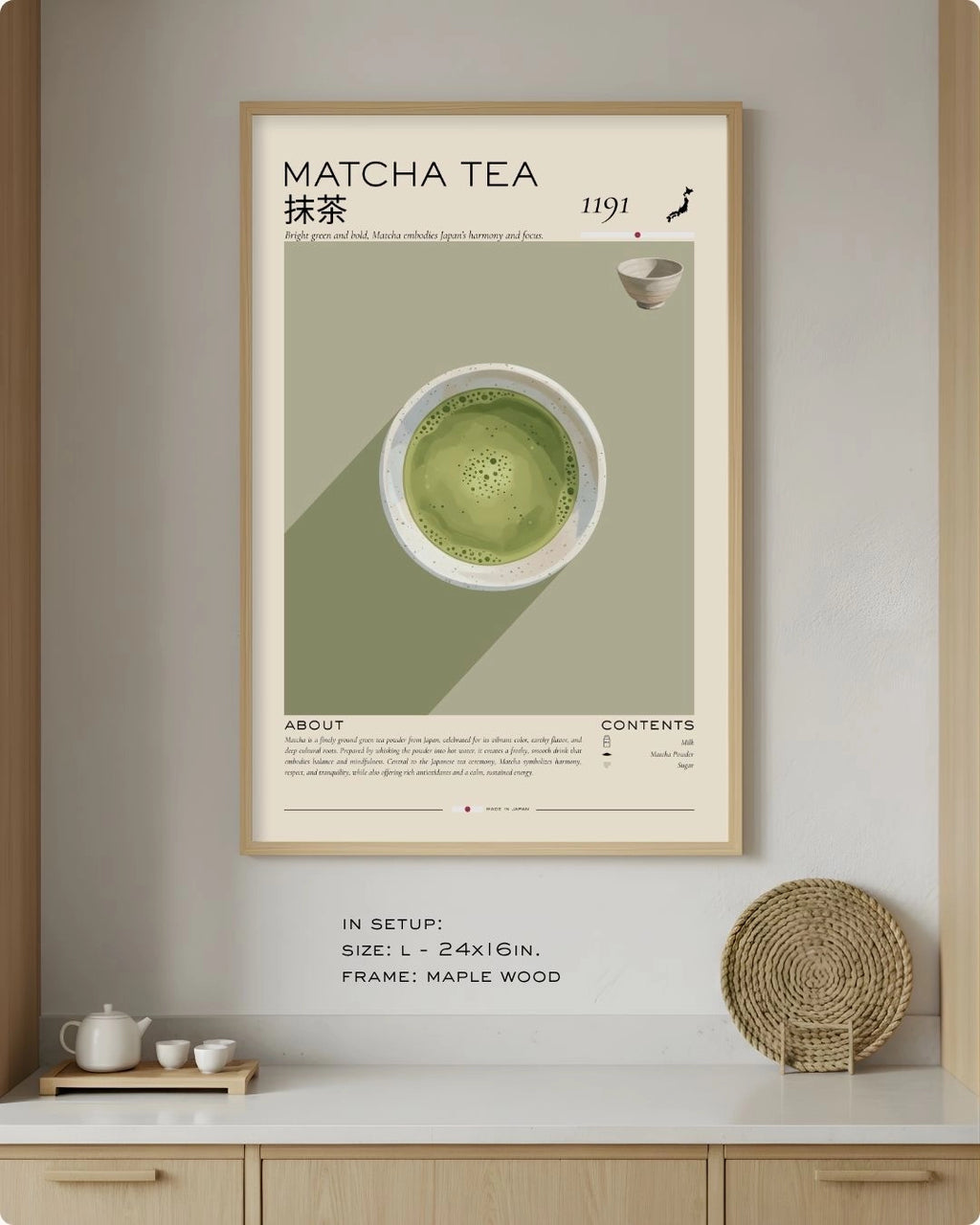 Medium (Size M - 18x12in) Matcha Tea Rituals infographic in a Maple Wood frame by K2C Co., featured in a minimalist kitchen setup to demonstrate relative wall scale.