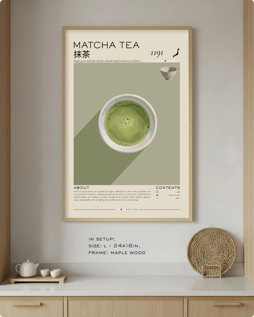 Medium (Size M - 18x12in) Matcha Tea Rituals infographic in a Maple Wood frame by K2C Co., featured in a minimalist kitchen setup to demonstrate relative wall scale.
