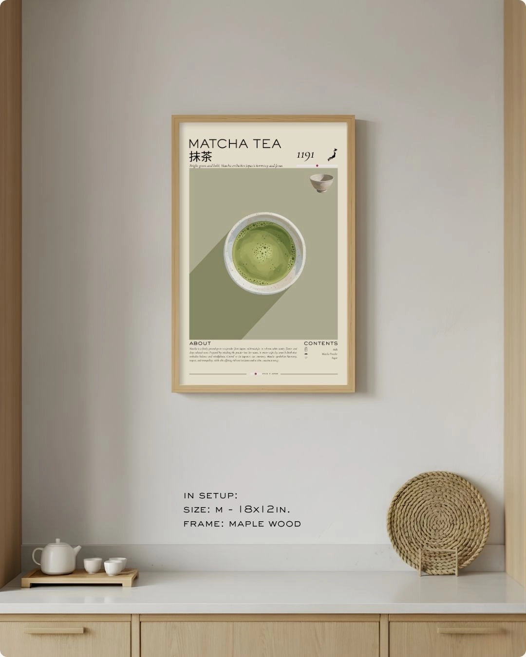 Large (Size L - 24x16in) Matcha Tea Rituals infographic in a Maple Wood frame by K2C Co., styled above a light wood kitchen counter with a traditional ceramic tea set.