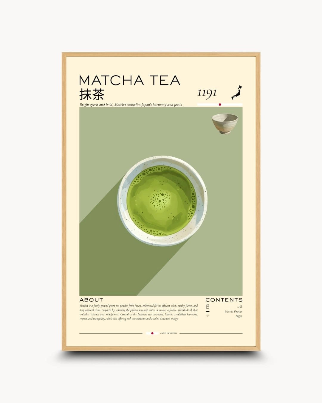 Organic modern Matcha Tea infographic poster in a natural Maple Wood frame by K2C Co. Featuring a "Made in Japan" stamp and historical year 1191, bringing a calm, natural feel to home interiors.