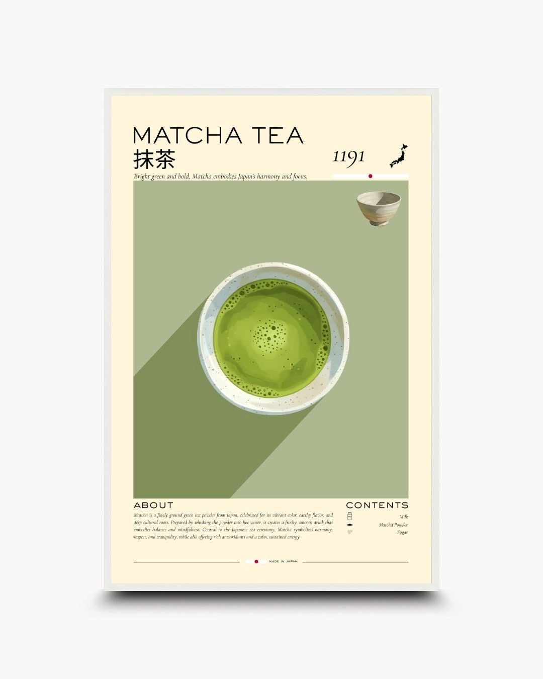 K2C Co. Matcha Rituals vintage-style infographic print in a Moon White frame. Features vibrant green tones and Japanese historical context, perfect for bright Scandinavian or Japandi homes.