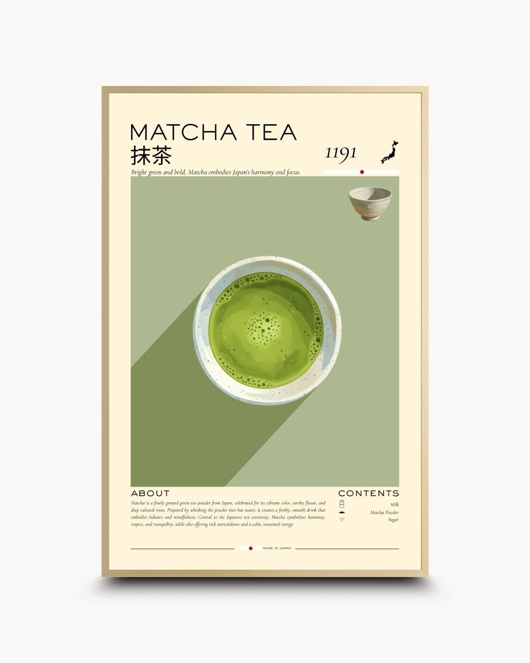 Elegant Matcha Tea Rituals infographic by K2C Co. in a Satin Gold frame. Features clean typography and vibrant green accents for a luxury contemporary wall decor statement.