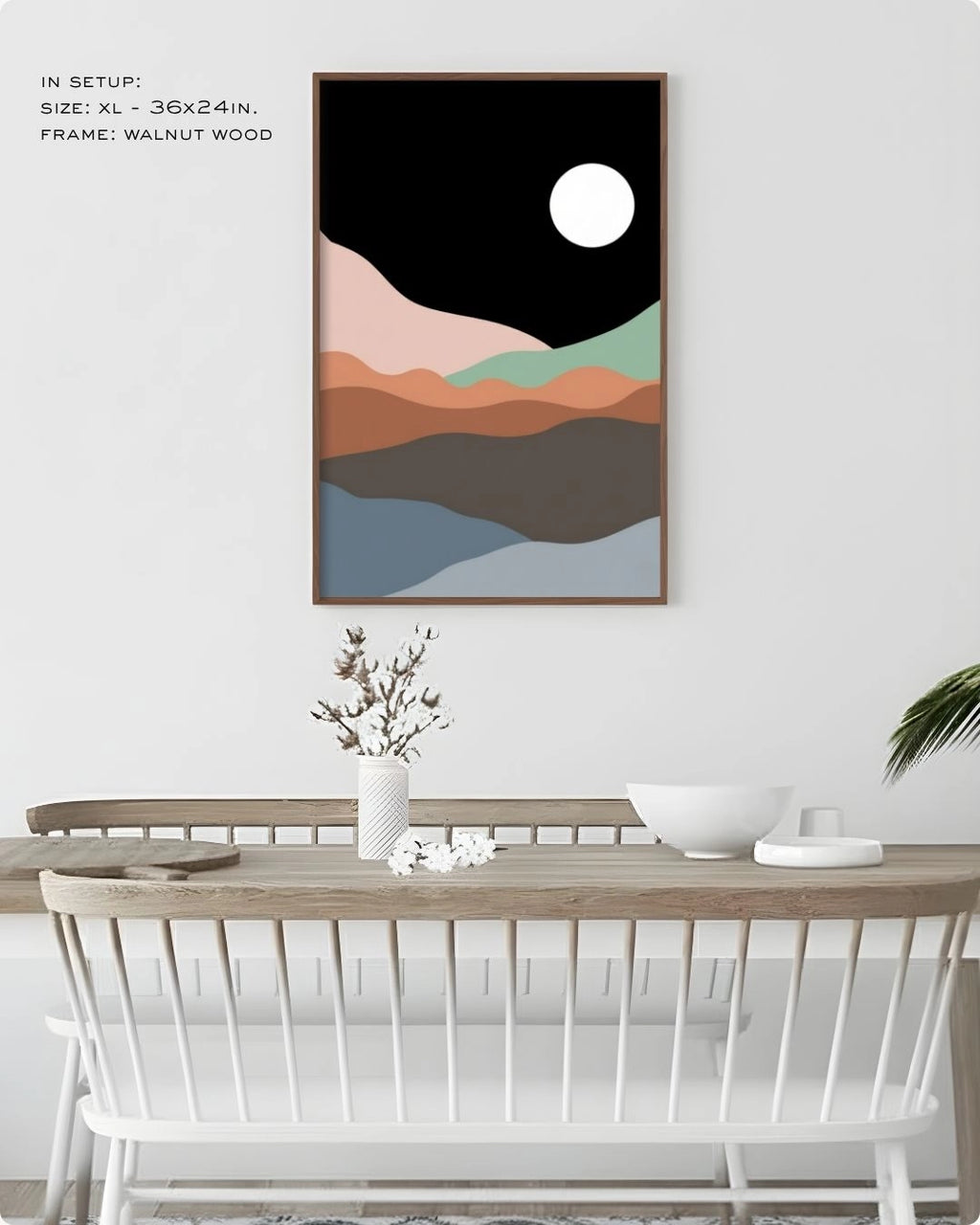 K2C Co. Midnight Horizon abstract landscape artwork in a Walnut Wood frame, displayed in a bright modern dining room setting with minimalist white furniture.