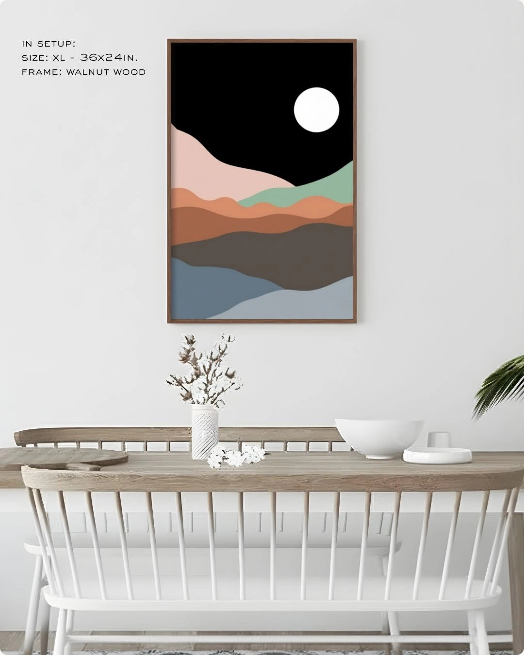 K2C Co. Midnight Horizon abstract landscape artwork in a Walnut Wood frame, displayed in a bright modern dining room setting with minimalist white furniture.
