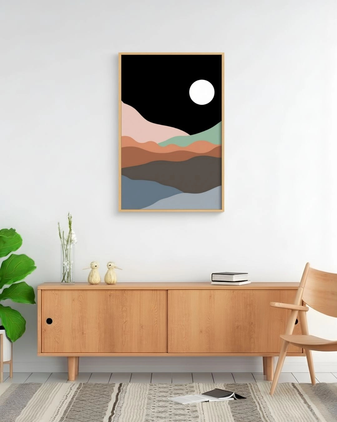 Minimalist Midnight Horizon abstract landscape art by K2C Co. in a Maple Wood frame, styled above a natural wood sideboard in a bright Japandi-style living room.