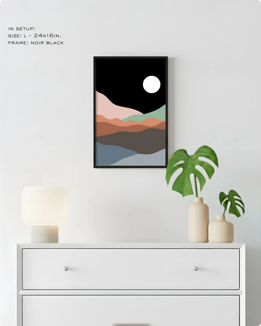 Large (Size L) Midnight Horizon abstract landscape print by K2C Co. in a Noir Black frame, styled in a minimalist home setup above a white chest of drawers.