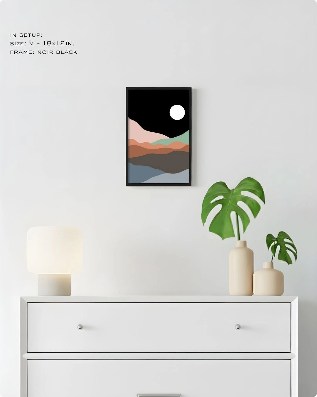 Medium (Size M) Midnight Horizon abstract landscape art in a Noir Black frame by K2C Co., featured in a minimalist decor mockup to show relative print scale.