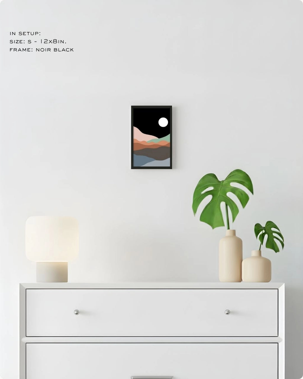 Small (Size S) Midnight Horizon minimalist landscape print by K2C Co. in a Noir Black frame, displayed on a bedroom wall above a white dresser for small-space styling.