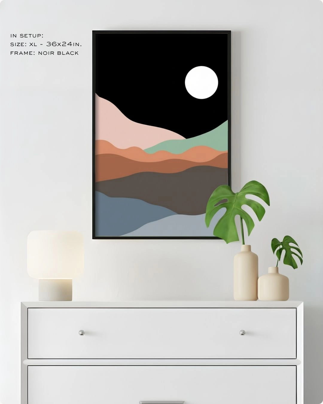 Extra Large (XL) Midnight Horizon landscape wall art by K2C Co. in a Noir Black frame, hanging above a white dresser in a clean bedroom mockup with a Monstera plant.
