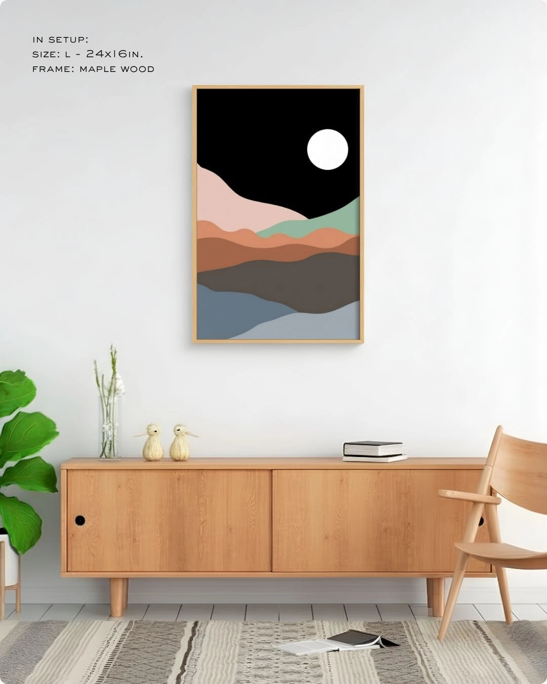 Midnight Horizon abstract night landscape print by K2C Co. in a natural Maple Wood frame, featured in a warm minimalist living room mockup with a mid-century chair.