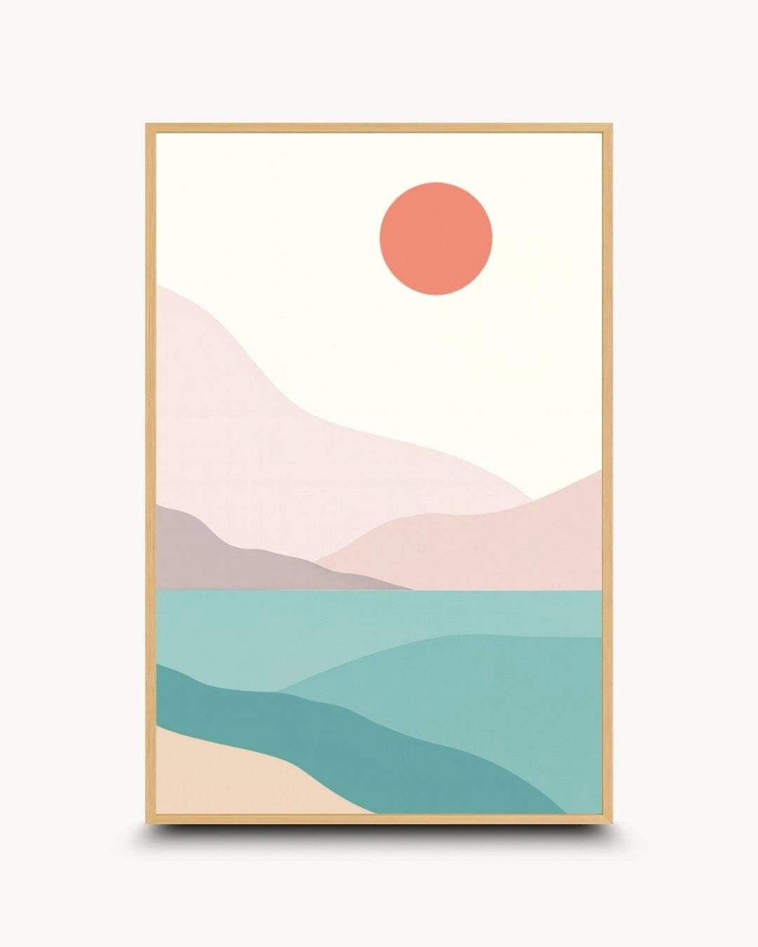 Abstract coastal landscape canvas art by K2C Co. in a natural Maple Wood frame. Featuring a warm sun and teal waves, this minimalist nature print brings a serene, organic feel to home interiors.