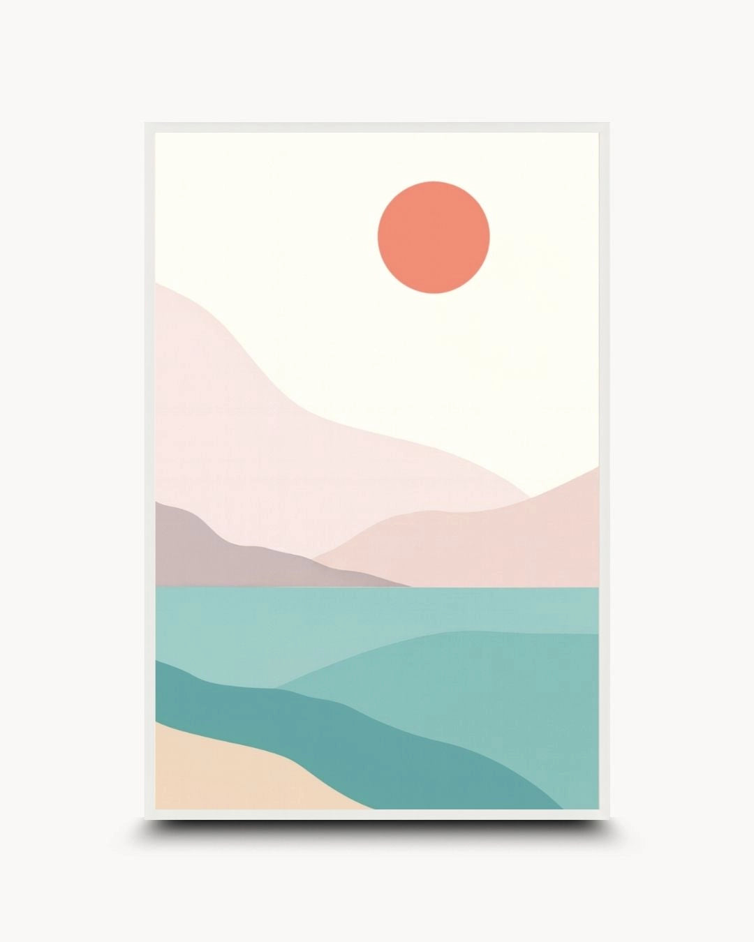 K2C Co. coastal serenity abstract landscape print in a Moon White frame. Clean, layered mountain and sea design in soft pastel tones, perfect for a bright Scandinavian bedroom or office.