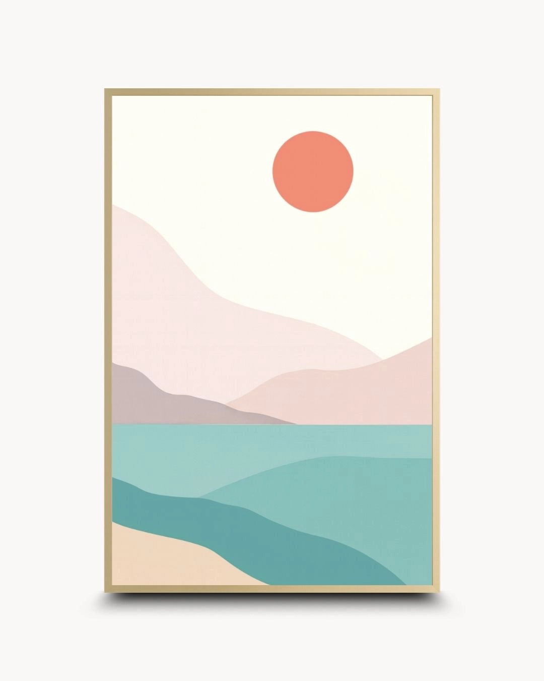 K2C Co. minimalist coastal landscape artwork in an elegant Satin Gold frame. Features a terracotta sun and layered waves on a matte finish, perfect for a high-end contemporary wall decor statement.