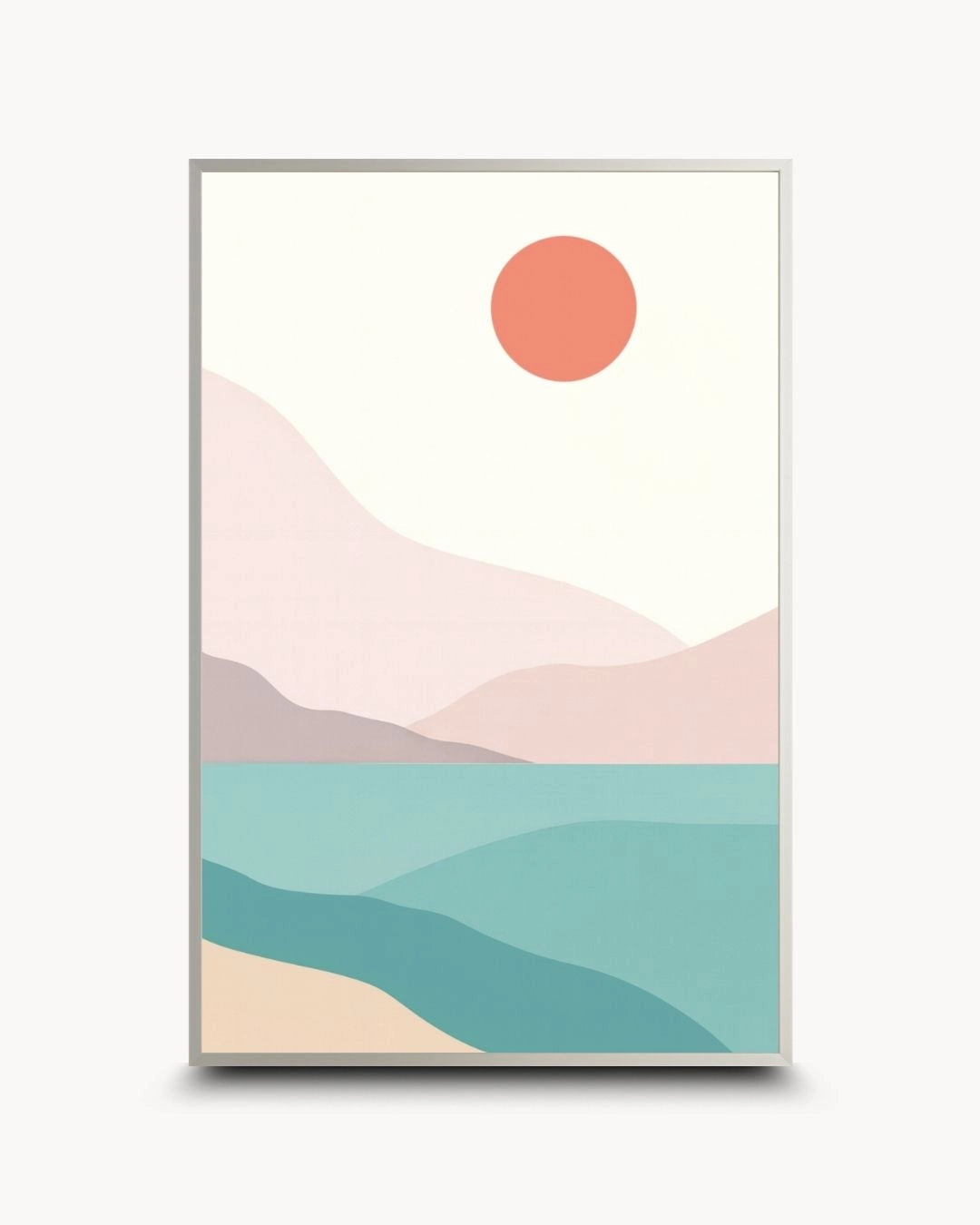 Contemporary minimalist coastal landscape print by K2C Co. in a sleek Satin Silver frame. Serene nature tones and clean geometric lines make this ideal for modern urban apartment styling.