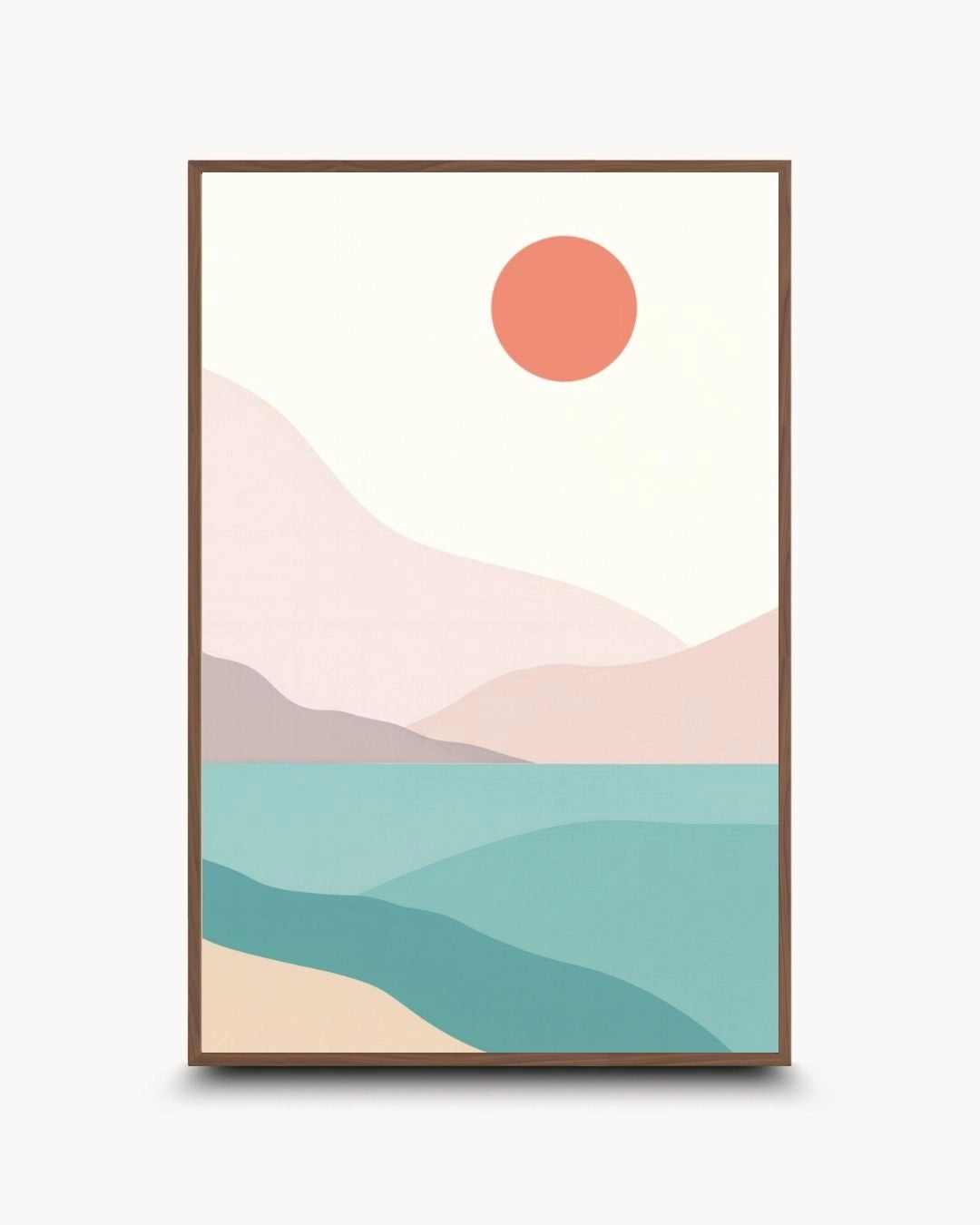 Coastal serenity abstract mountain and sea art by K2C Co. in a warm Walnut Wood frame. Minimalist landscape design with terracotta and teal accents, suited for Japandi and mid-century modern spaces.