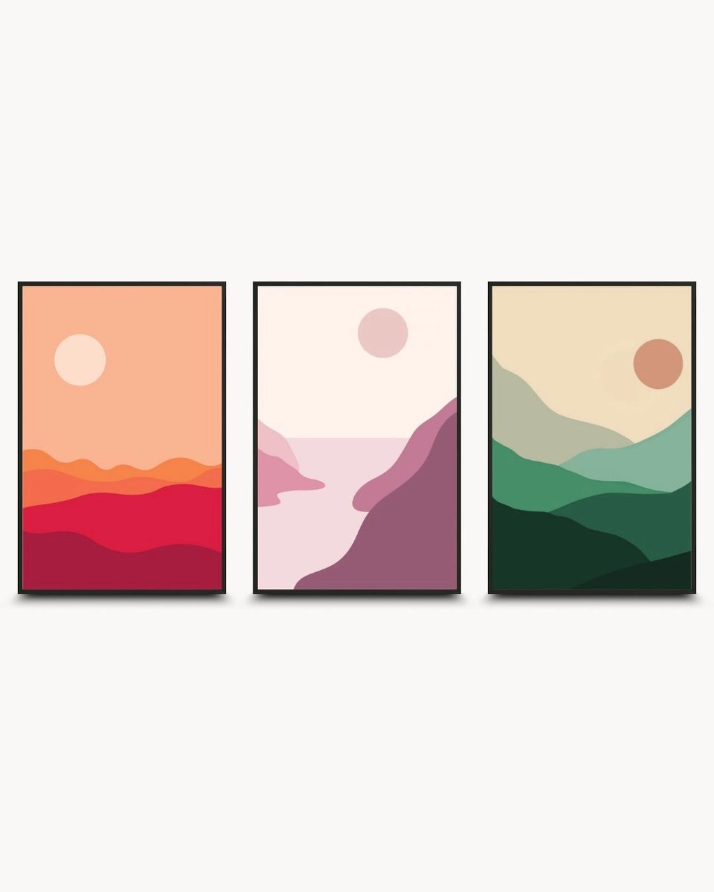A 3-piece minimalist abstract landscape gallery wall art set by K2C Co. featuring Desert Dusk, Blush Valley, and Sage Hills designs in 0.5-inch Noir Black frames. Perfect for modern Japandi or Scandinavian living room decor.