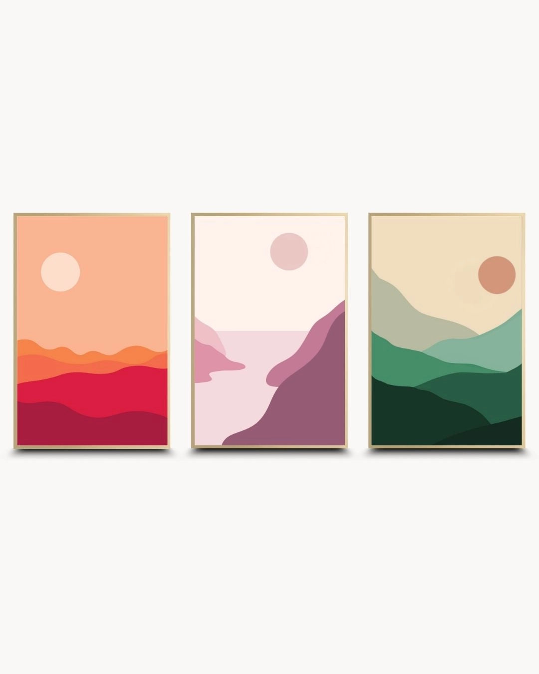 K2C Co. 3-piece minimalist abstract landscape gallery wall set in elegant Satin Gold frames. High-quality terracotta, blush, and green mountain prints for a luxury modern wall decor statement.