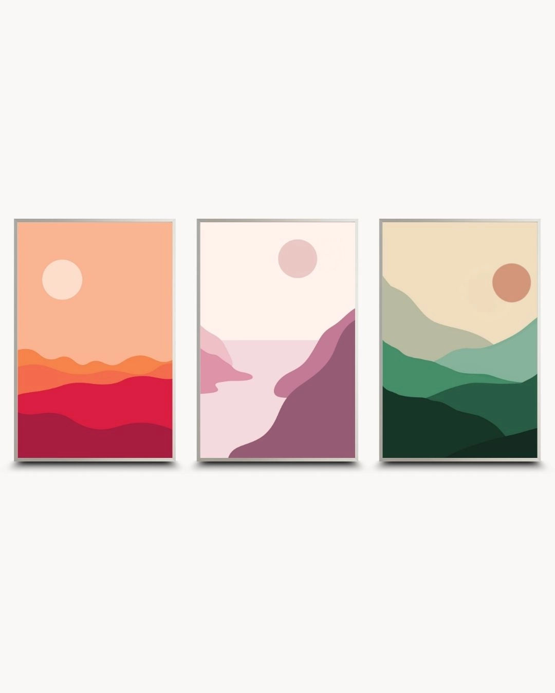 Modern minimalist 3-piece abstract landscape gallery wall set by K2C Co. in sleek Satin Silver frames. Clean geometric nature designs in earthy tones, perfect for contemporary urban or office decor.