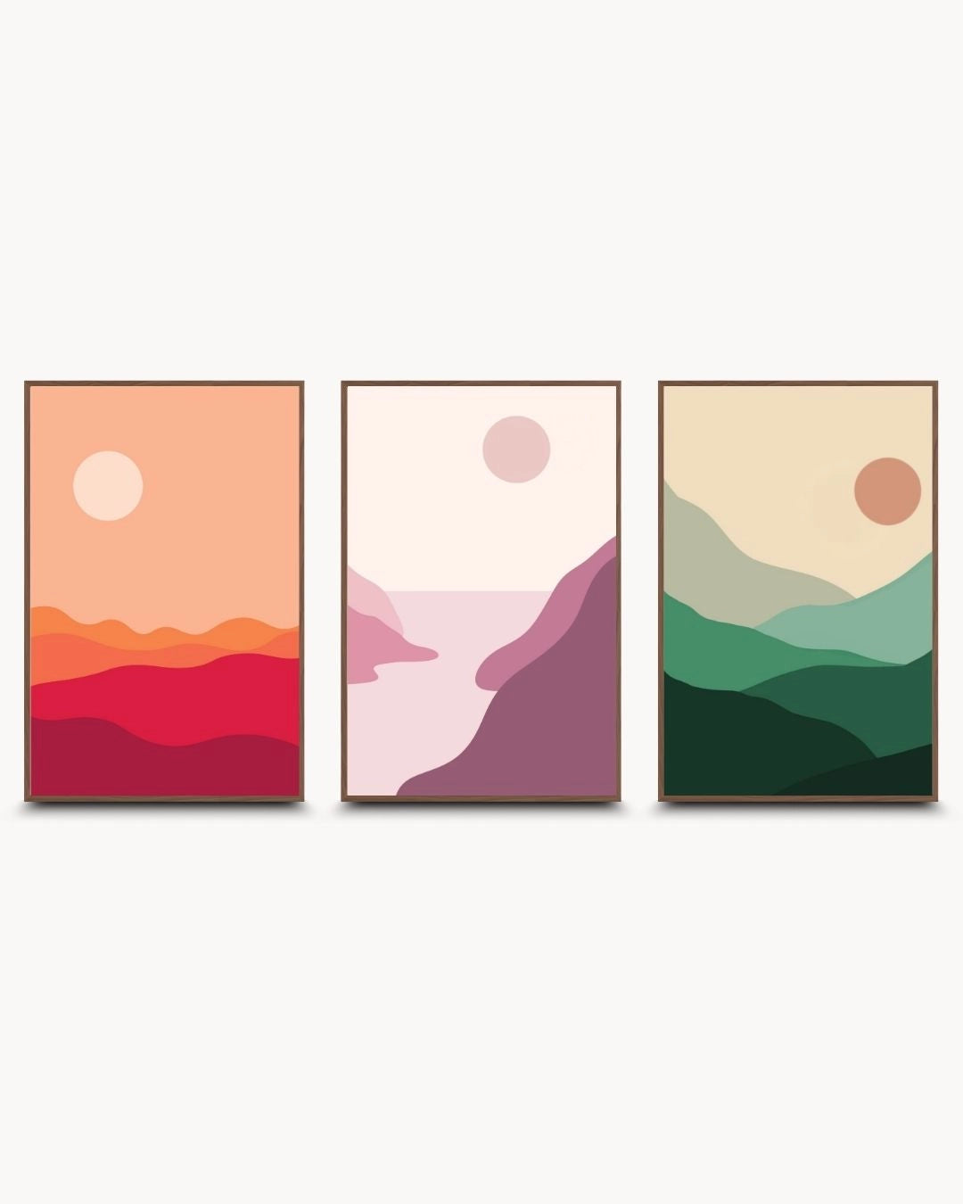 Japandi style 3-piece gallery wall art set featuring the Earth & Sky landscape collection in warm Walnut Wood frames. Minimalist abstract nature designs with a sophisticated, earthy aesthetic by K2C Co.