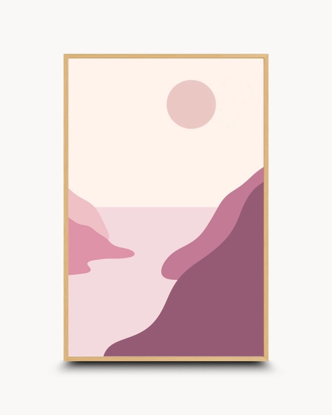 Abstract mauve landscape canvas art by K2C Co. in a natural Maple Wood frame. Featuring soft pastel tones, this minimalist nature print brings a calm, organic feel to Scandi-style home interiors.