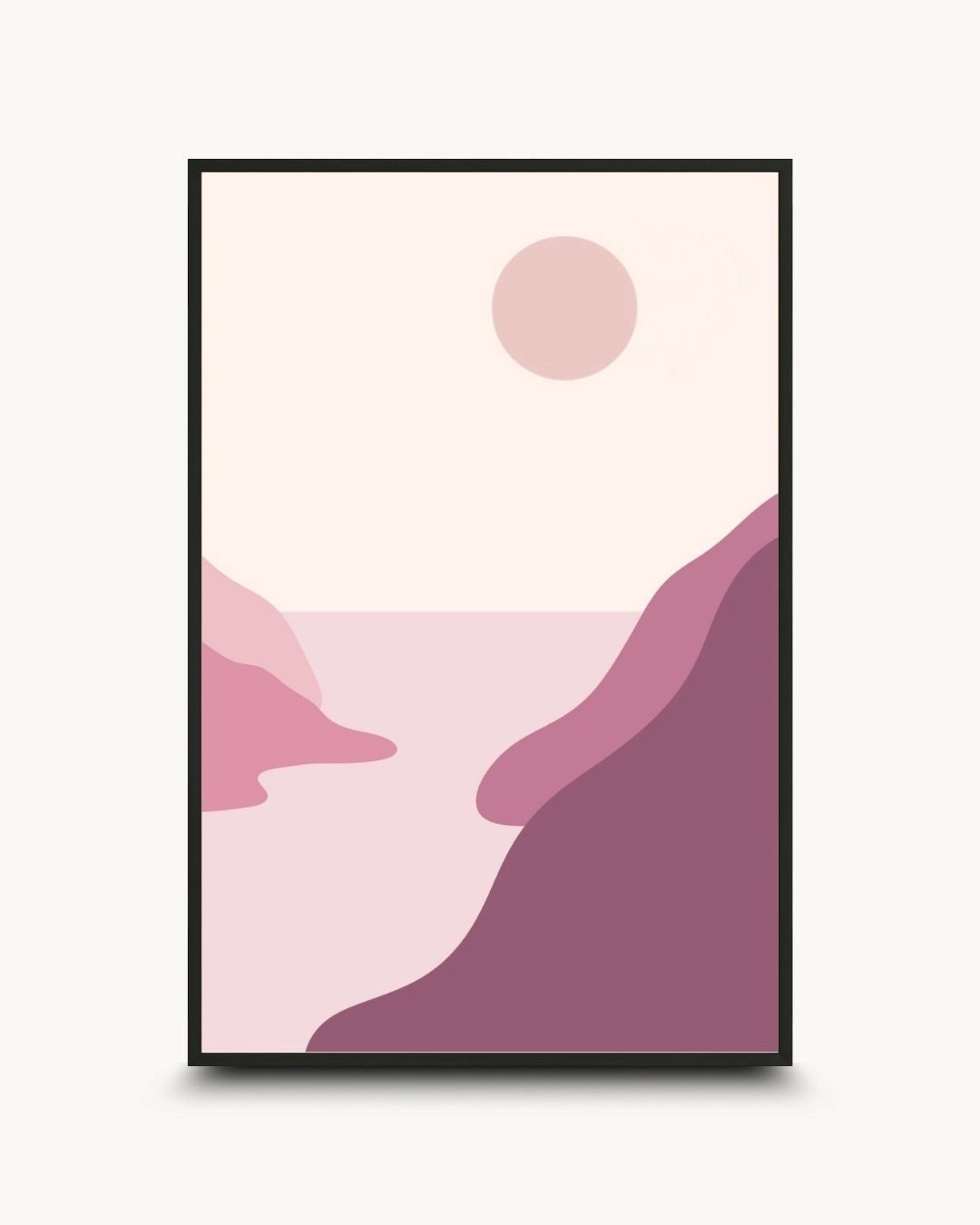 Minimalist blush valley abstract landscape wall art by K2C Co. featuring soft pink and mauve hills in a 0.5-inch Noir Black frame. Ideal for a modern Scandinavian or Japandi living room decor.