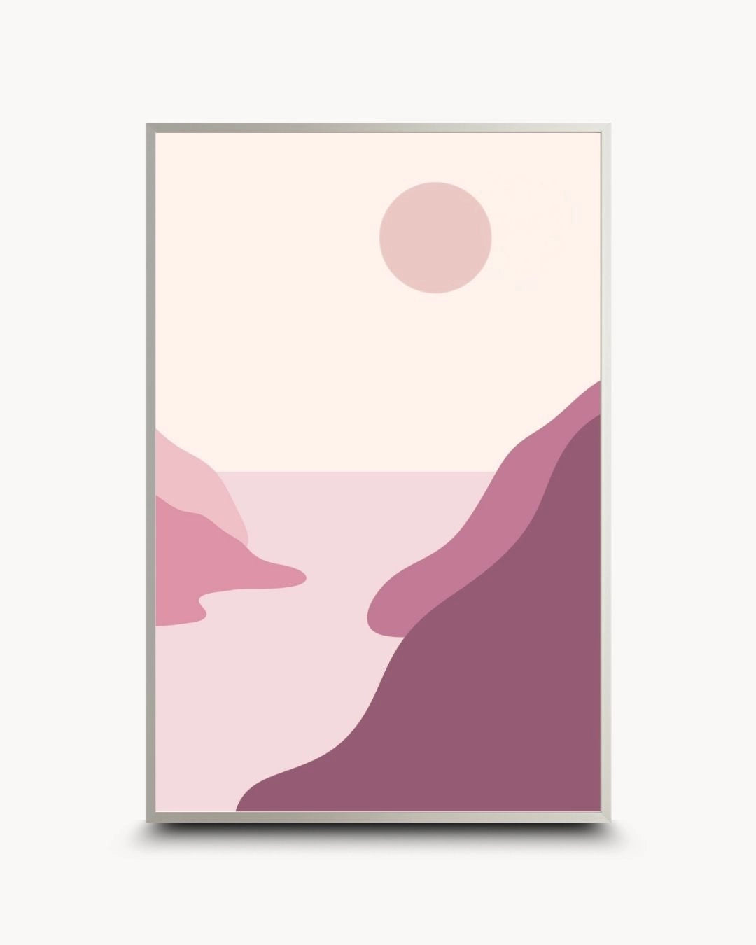 Contemporary minimalist pink landscape print by K2C Co. in a sleek Satin Silver frame. Clean lines and serene pastel tones make this ideal for modern urban apartment styling.