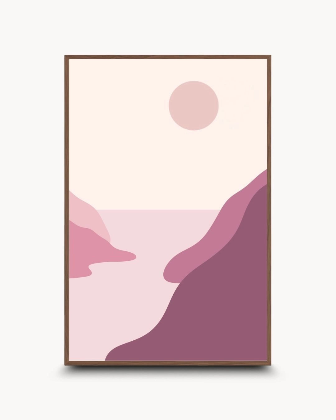 Japandi style abstract landscape art featuring blush pink and deep mauve layers in a warm Walnut Wood frame by K2C Co. Minimalist nature-inspired artwork for a sophisticated modern home.