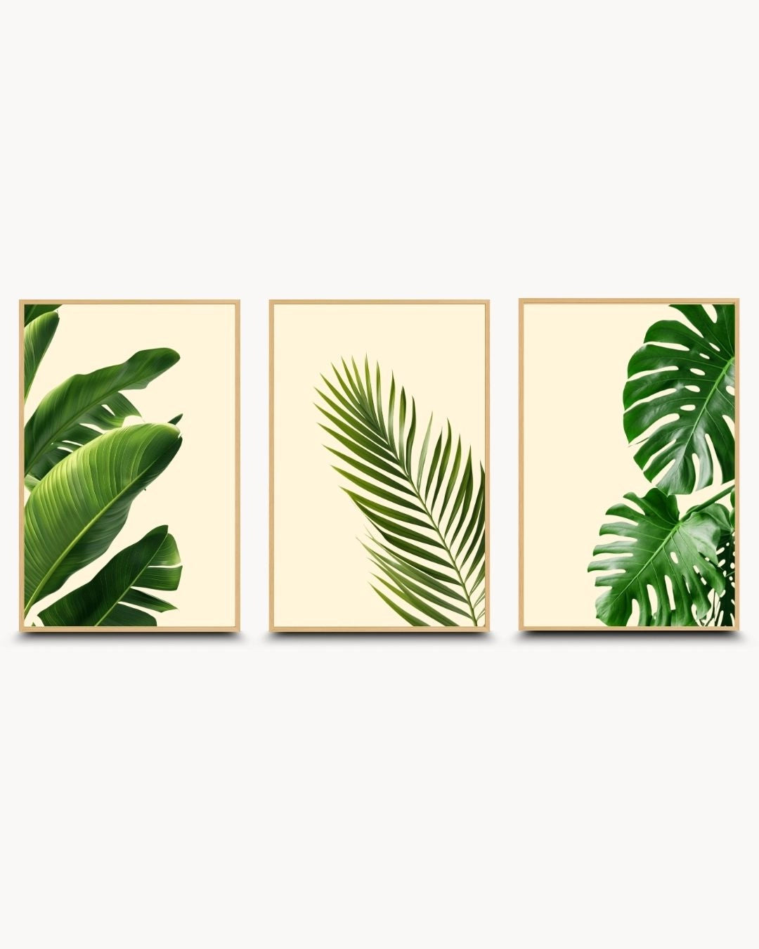 Minimalist 3-set tropical botanical leaf wall art by K2C Co. in natural Maple Wood frames. Includes banana, palm, and monstera leaf prints for a nature-inspired minimalist interior.