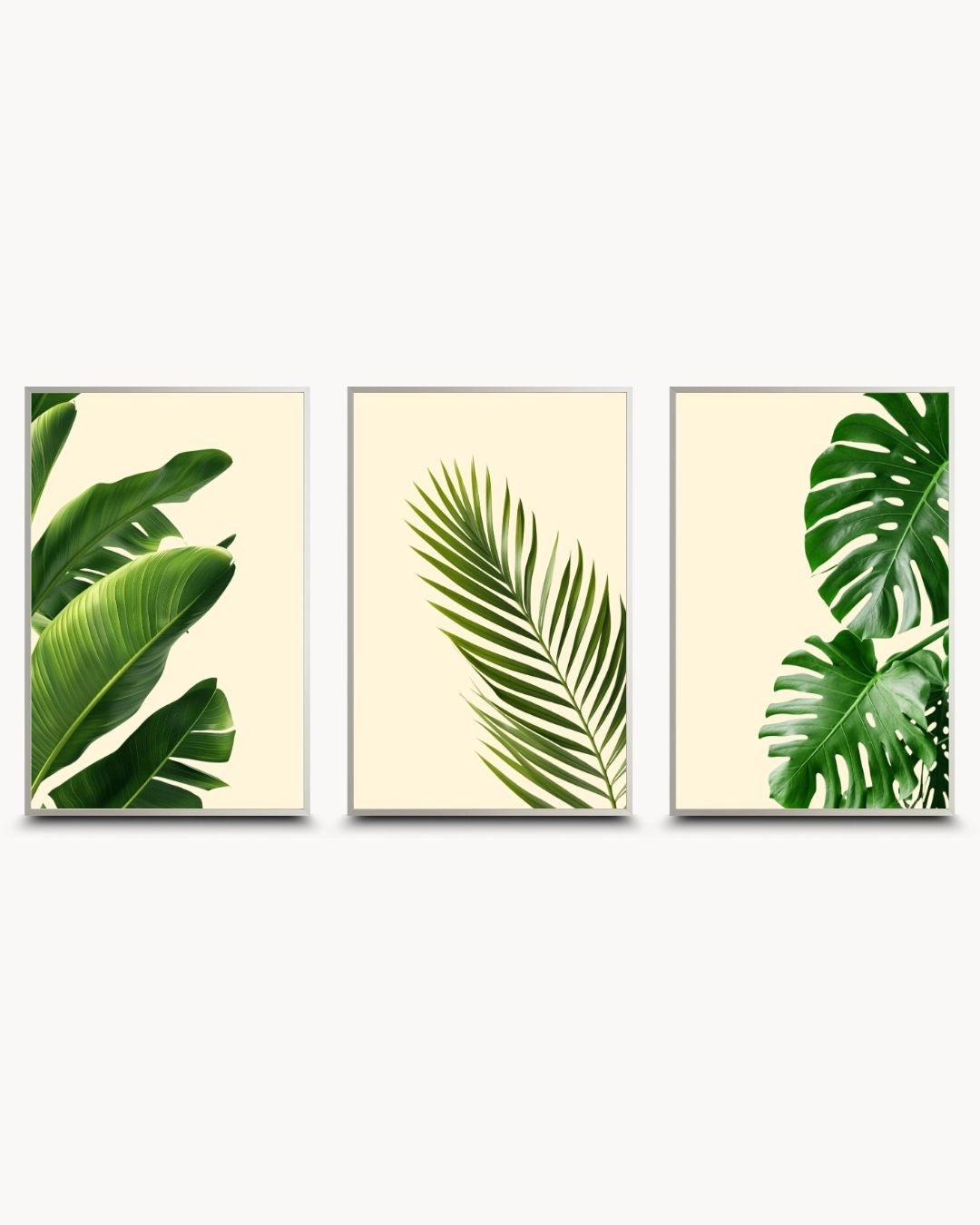 Modern minimalist 3-piece tropical botanical gallery wall set by K2C Co. in sleek Satin Silver frames. Clean green leaf designs perfect for contemporary urban or industrial-style decor.