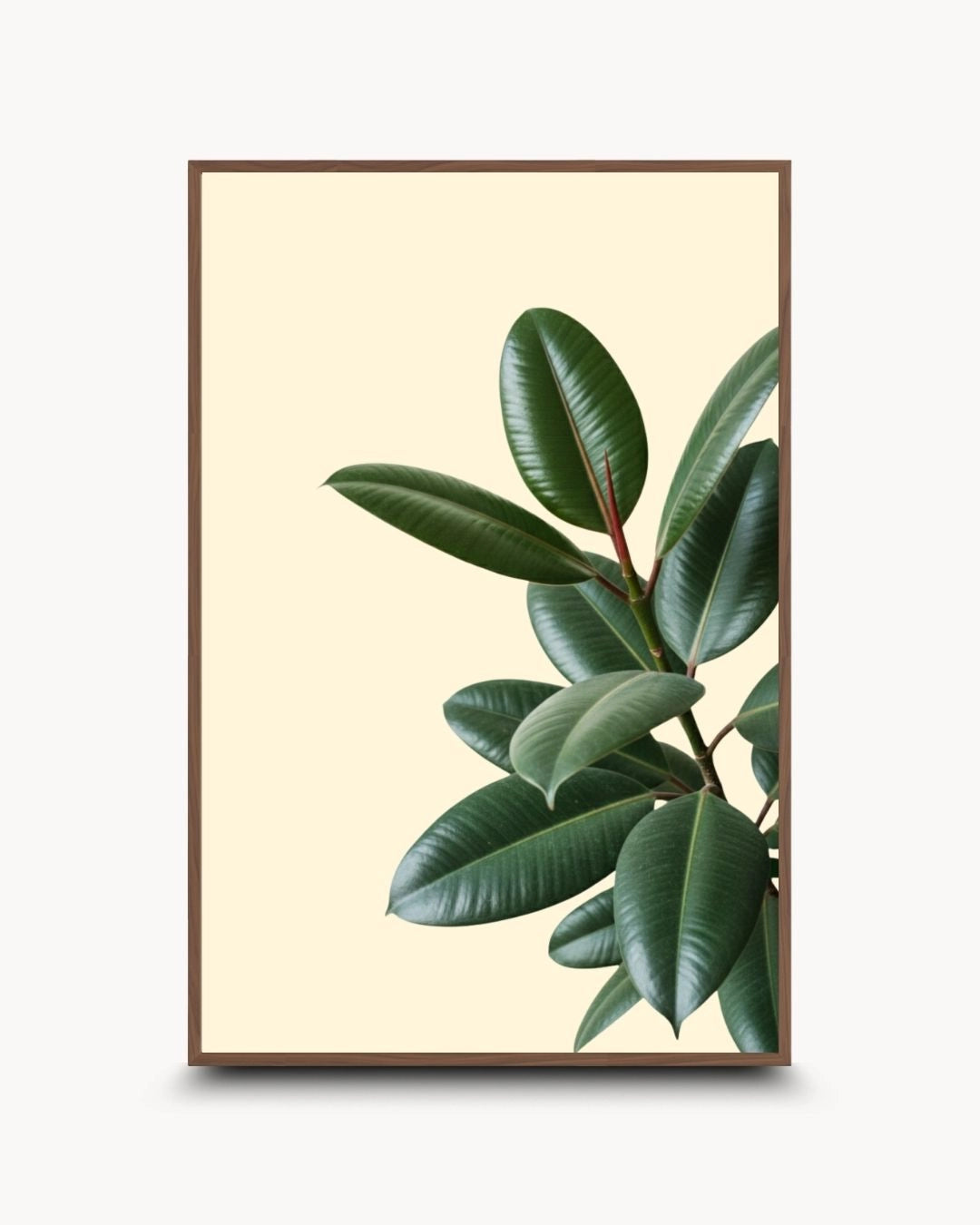 Japandi style botanical wall art featuring a rubber plant in a warm Walnut Wood frame by K2C Co. Minimalist nature-inspired artwork for a sophisticated modern office or hallway.