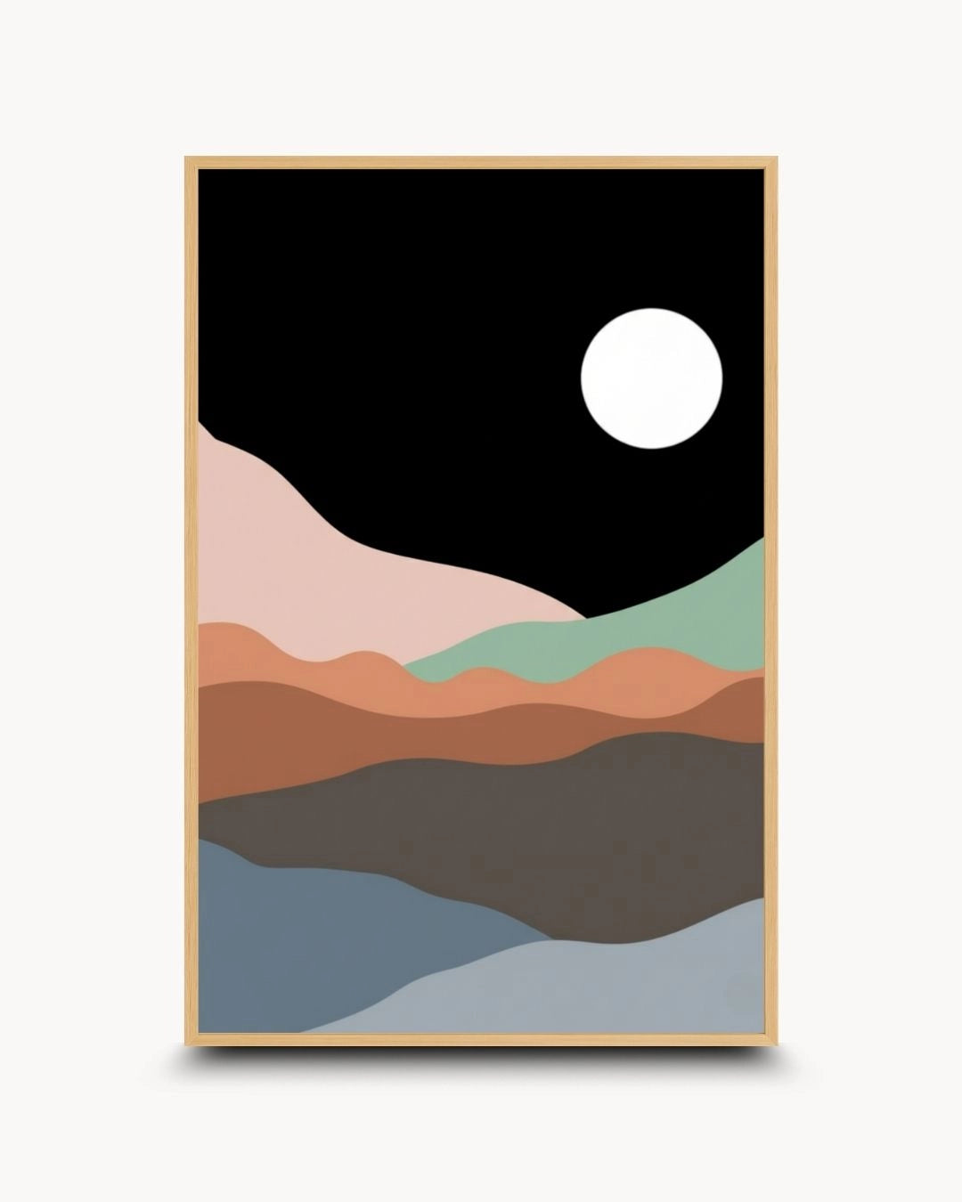 Abstract night mountain landscape canvas art by K2C Co. in a natural Maple Wood frame. Featuring a minimalist moon and layered peaks in muted tones, bringing a calm organic feel to home interiors.