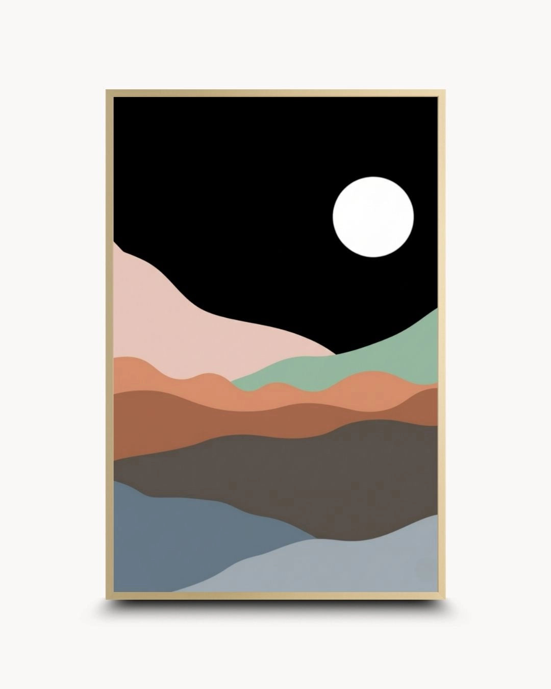 K2C Co. minimalist midnight landscape artwork in an elegant Satin Gold frame. Features a high-contrast moon and layered mountain peaks on a matte finish, perfect for a luxury contemporary wall decor statement.