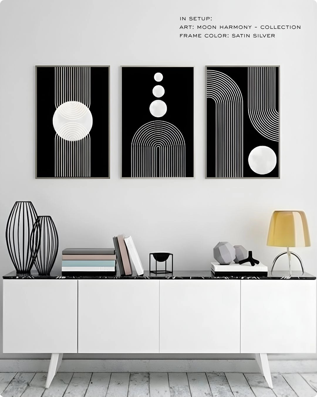 3-piece Moon Harmony gallery wall set by K2C Co. in Satin Silver frames, showcasing high-contrast white and black geometric triptych art above a white minimalist credenza.