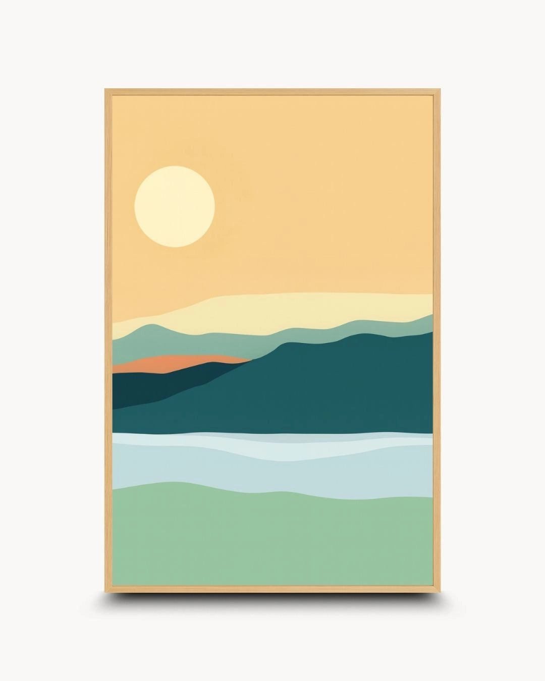 Abstract mountain landscape canvas art by K2C Co. in a natural Maple Wood frame. Featuring soft green and blue tones, this minimalist nature print brings a calm, biophilic atmosphere to home offices.