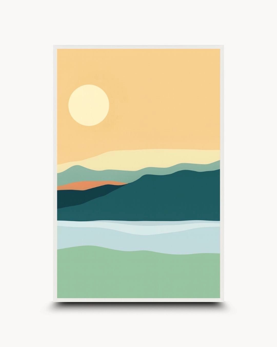 K2C Co. serene mountain horizon print in a Moon White frame. A clean, minimalist landscape with a pale yellow sun and green fields, perfect for modern Scandinavian bedroom decor.